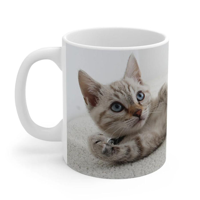 Feline Enthusiast Cup: white, gray cat, photographic animal print style
