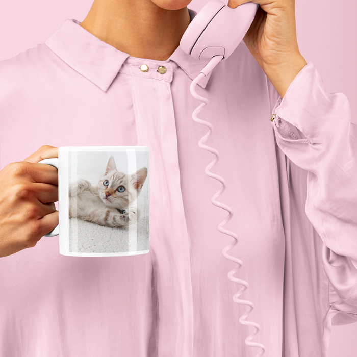 Feline Enthusiast Cup: white, gray cat, photographic animal print style
