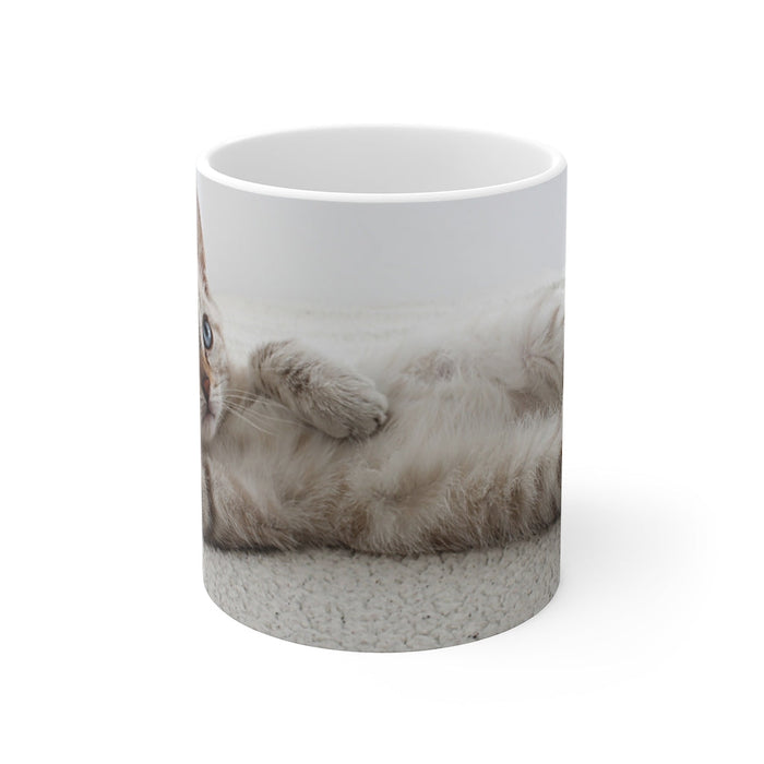 Feline Enthusiast Cup: white, gray cat, photographic animal print style
