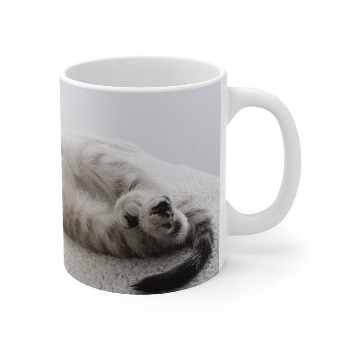 Feline Enthusiast Cup: white, gray cat, photographic animal print style