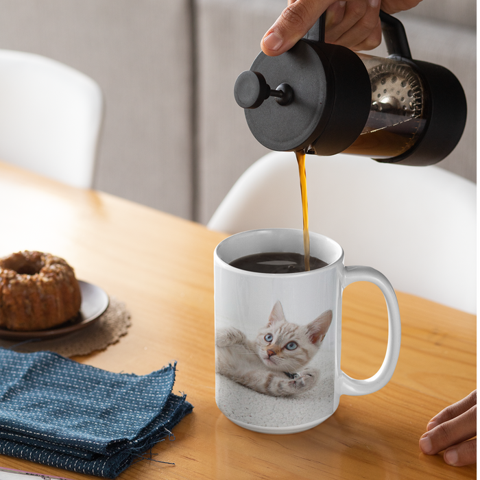 Feline Enthusiast Cup: white, gray cat, photographic animal print style