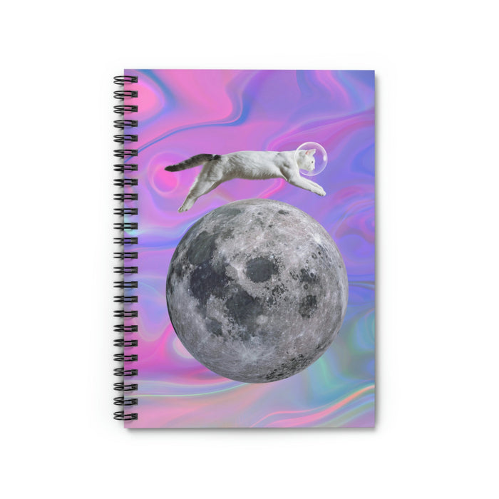Feline Space Explorer Leaping Above Lunar Surface Notebook: purple, pink cat and moon, surreal collage style