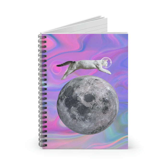Feline Space Explorer Leaping Above Lunar Surface Notebook: purple, pink cat and moon, surreal collage style