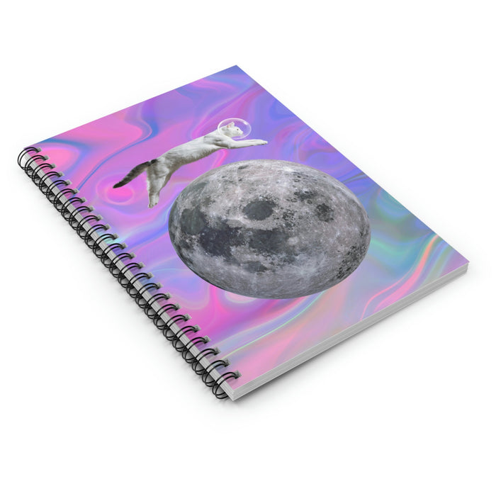 Feline Space Explorer Leaping Above Lunar Surface Notebook: purple, pink cat and moon, surreal collage style