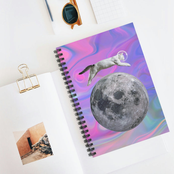 Feline Space Explorer Leaping Above Lunar Surface Notebook: purple, pink cat and moon, surreal collage style