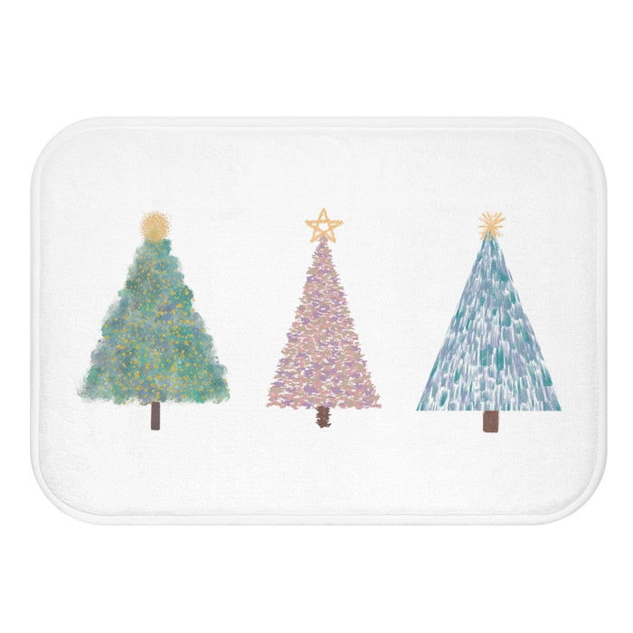 Festive Bath Mat for Christmas Tree Season: white, green three stylized Christmas trees, minimal festive illustration style