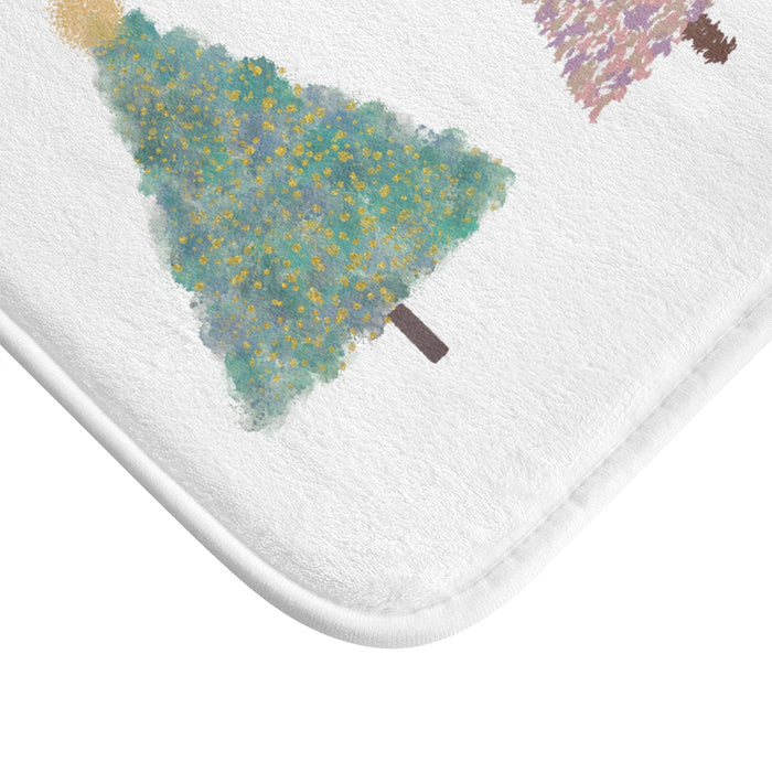 Festive Bath Mat for Christmas Tree Season: white, green three stylized Christmas trees, minimal festive illustration style
