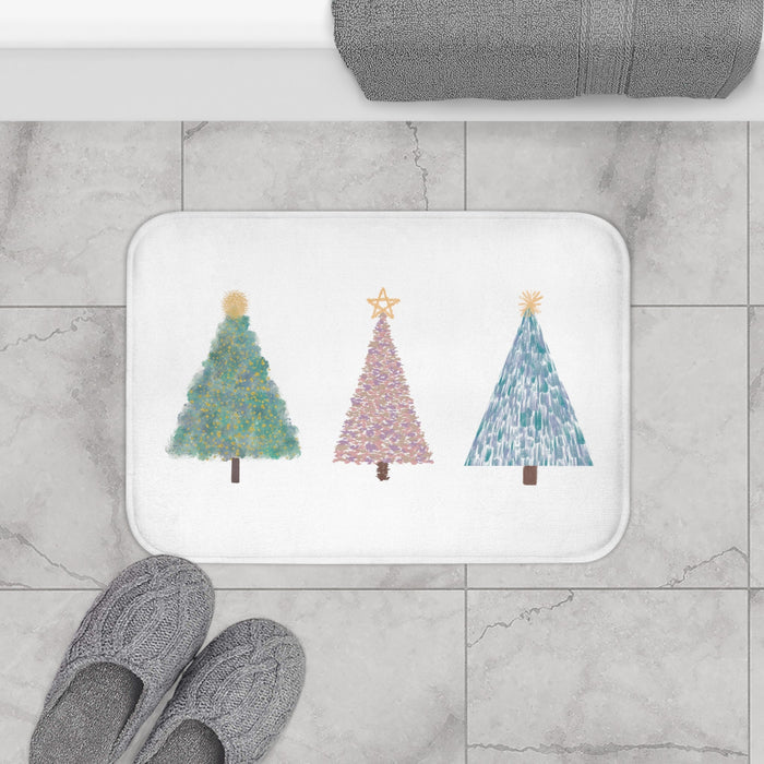Festive Bath Mat for Christmas Tree Season: white, green three stylized Christmas trees, minimal festive illustration style