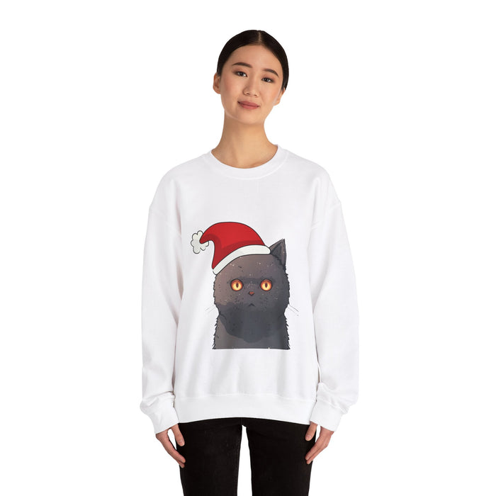 Festive Feline Pullover: white, black black cat wearing a Santa hat, cartoon holiday graphic style