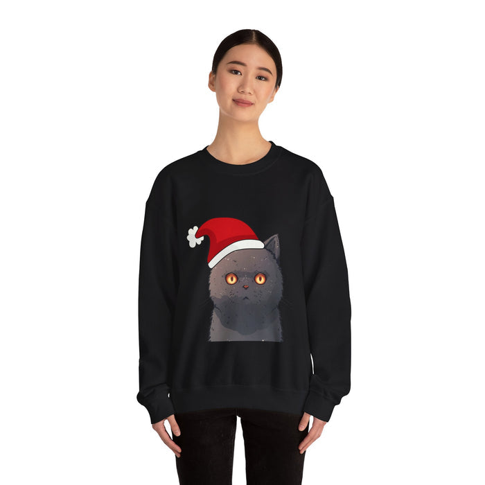 Festive Feline Pullover: white, black black cat wearing a Santa hat, cartoon holiday graphic style