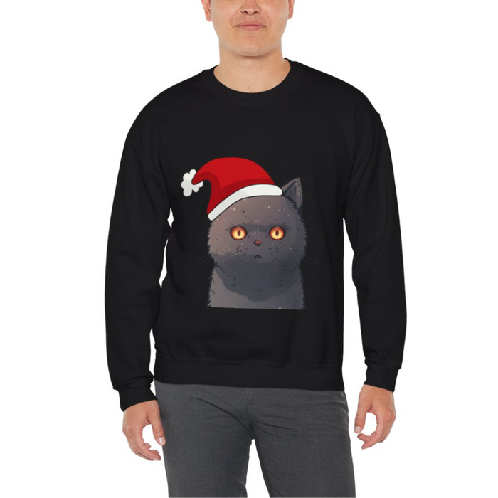 Festive Feline Pullover: white, black black cat wearing a Santa hat, cartoon holiday graphic style