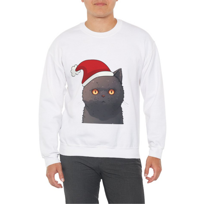 Festive Feline Pullover: white, black black cat wearing a Santa hat, cartoon holiday graphic style