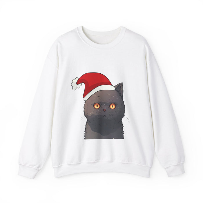 Festive Feline Pullover: white, black black cat wearing a Santa hat, cartoon holiday graphic style
