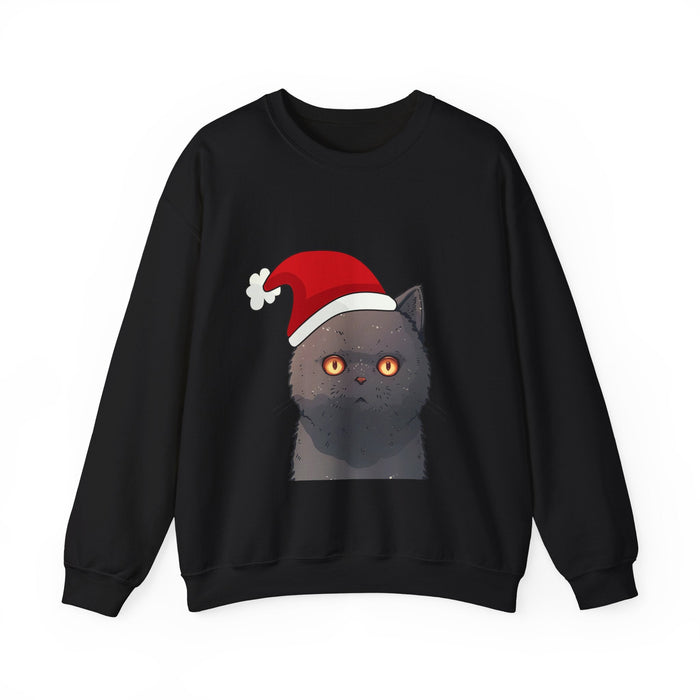Festive Feline Pullover: white, black black cat wearing a Santa hat, cartoon holiday graphic style
