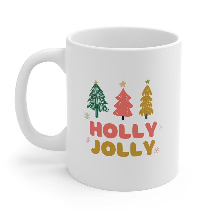 Festive Holiday Mug: white, green Christmas holiday theme, cartoon, festive, retro-inspired style