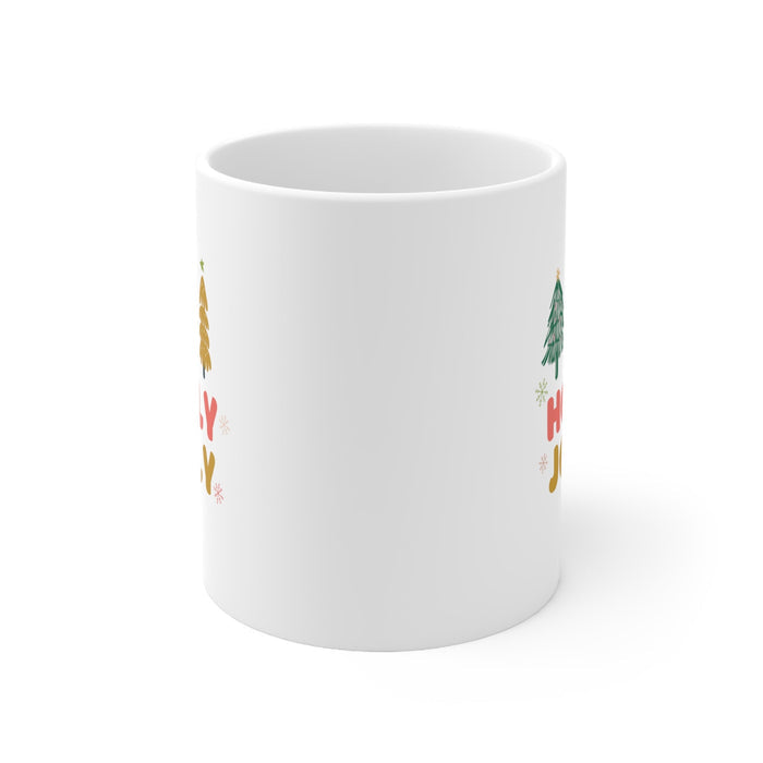 Festive Holiday Mug: white, green Christmas holiday theme, cartoon, festive, retro-inspired style