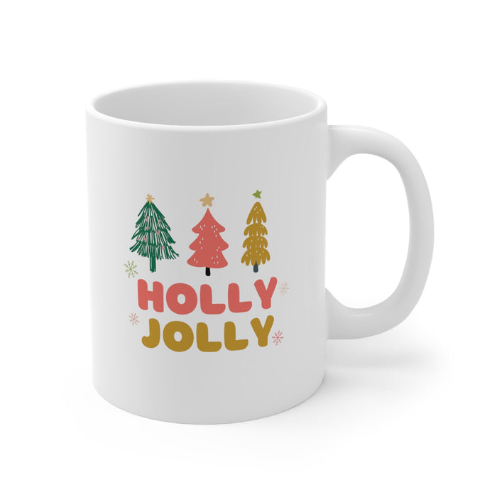 Festive Holiday Mug: white, green Christmas holiday theme, cartoon, festive, retro-inspired style