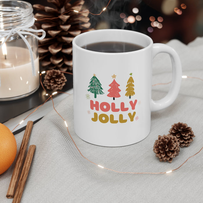 Festive Holiday Mug: white, green Christmas holiday theme, cartoon, festive, retro-inspired style