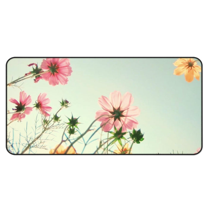 Field of Blooms Desk Pad: pale mint green, pink flowers, photographic floral style