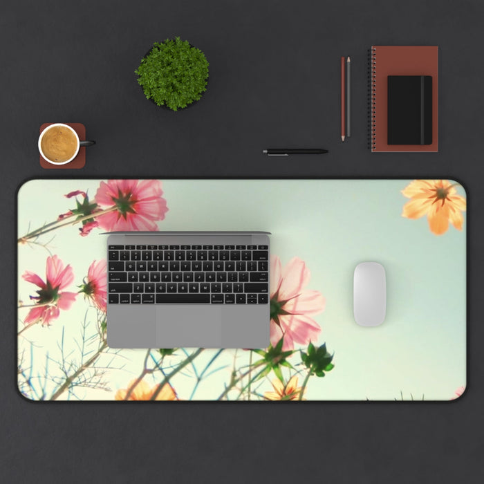 Field of Blooms Desk Pad: pale mint green, pink flowers, photographic floral style