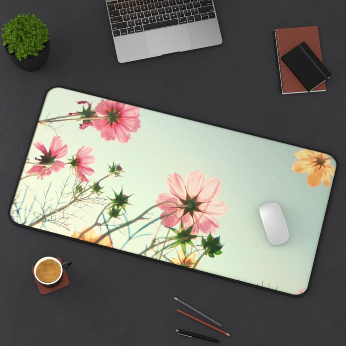 Field of Blooms Desk Pad: pale mint green, pink flowers, photographic floral style