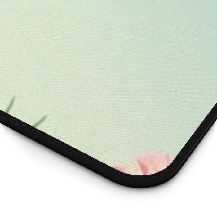 Field of Blooms Desk Pad: pale mint green, pink flowers, photographic floral style