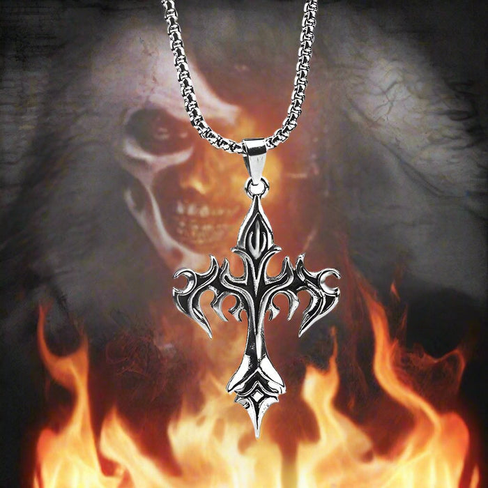 Fiery Gothic Cross Pendant Necklace: silver, black gothic cross