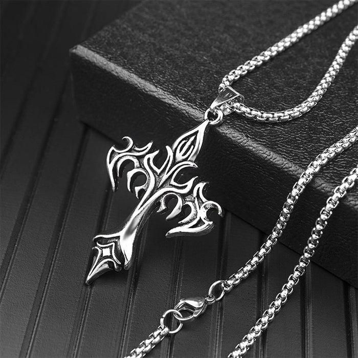 Fiery Gothic Cross Pendant Necklace: silver, black gothic cross