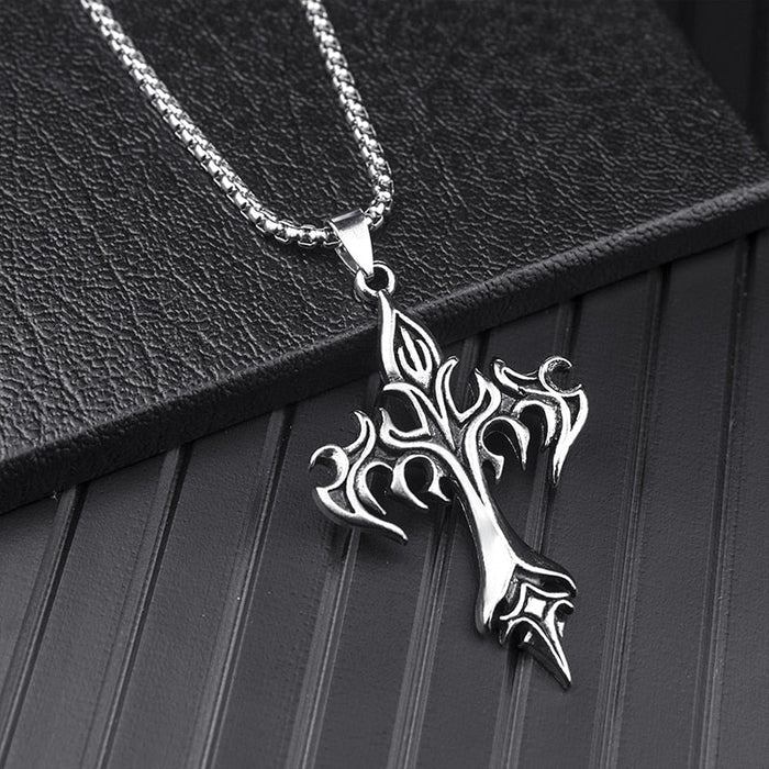 Fiery Gothic Cross Pendant Necklace: silver, black gothic cross