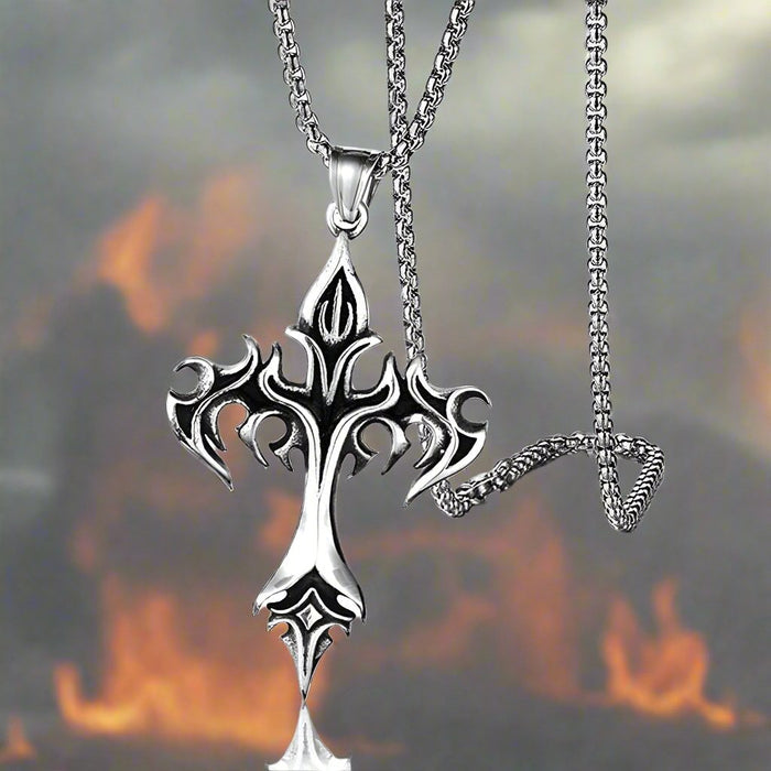 Fiery Gothic Cross Pendant Necklace: silver, black gothic cross
