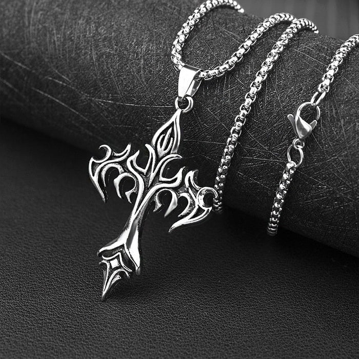Fiery Gothic Cross Pendant Necklace: silver, black gothic cross