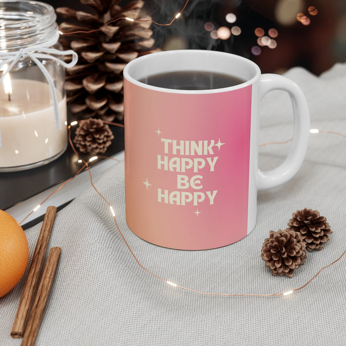 Find Joy in Being Content Mug: white, peach mug, minimal motivational graphic style