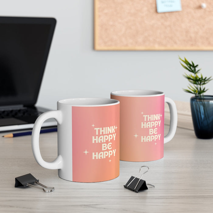 Find Joy in Being Content Mug: white, peach mug, minimal motivational graphic style