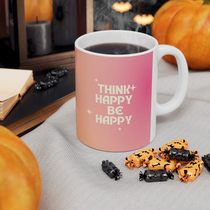 Find Joy in Being Content Mug: white, peach mug, minimal motivational graphic style