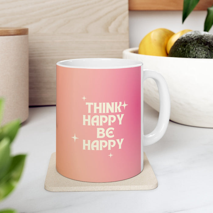 Find Joy in Being Content Mug: white, peach mug, minimal motivational graphic style