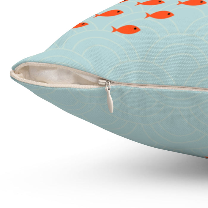 Fish School Pillow: Home Decorative Accents, Available in 4 Different Sizes: light blue, orange-red fish, minimal cartoon sty
