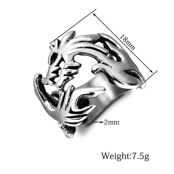 Flame Dragon Design Men's Stainless Steel Ring: silver, black dragon, fantasy style