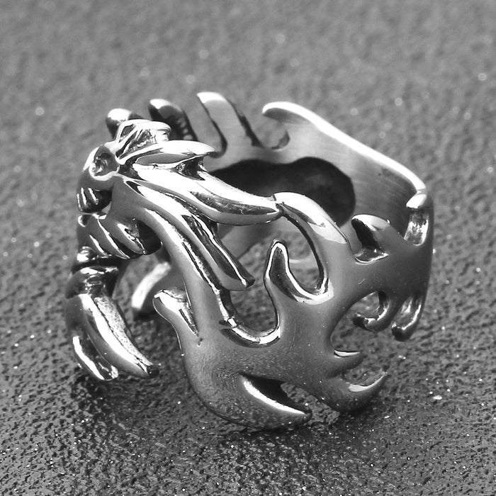 Flame Dragon Design Men's Stainless Steel Ring: silver, black dragon, fantasy style