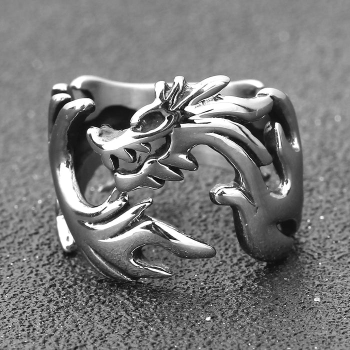 Flame Dragon Design Men's Stainless Steel Ring: silver, black dragon, fantasy style