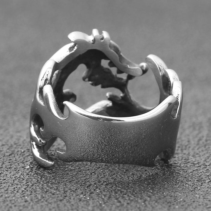 Flame Dragon Design Men's Stainless Steel Ring: silver, black dragon, fantasy style