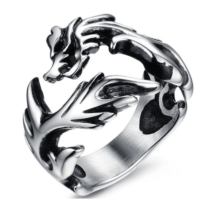 Flame Dragon Design Men's Stainless Steel Ring: silver, black dragon, fantasy style