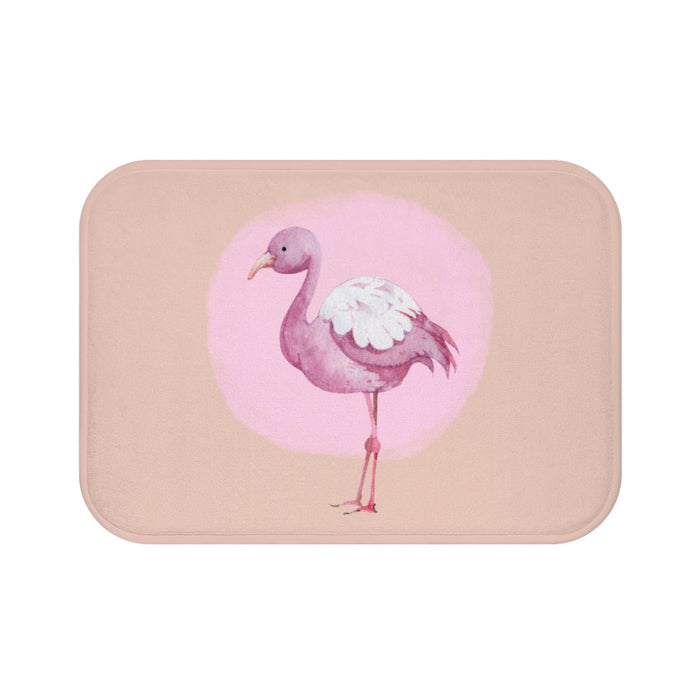 Flamingo Pink Bath Rug: pale beige, light pink flamingo, watercolor cartoon style