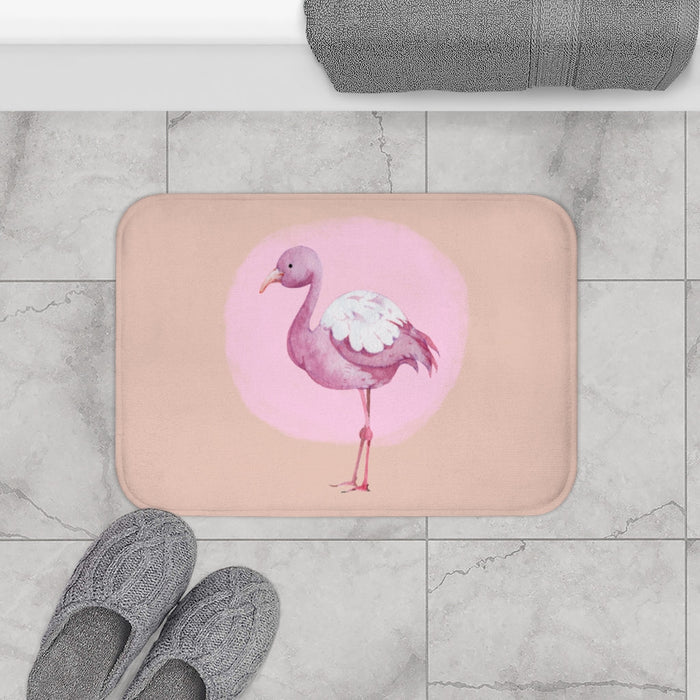 Flamingo Pink Bath Rug: pale beige, light pink flamingo, watercolor cartoon style