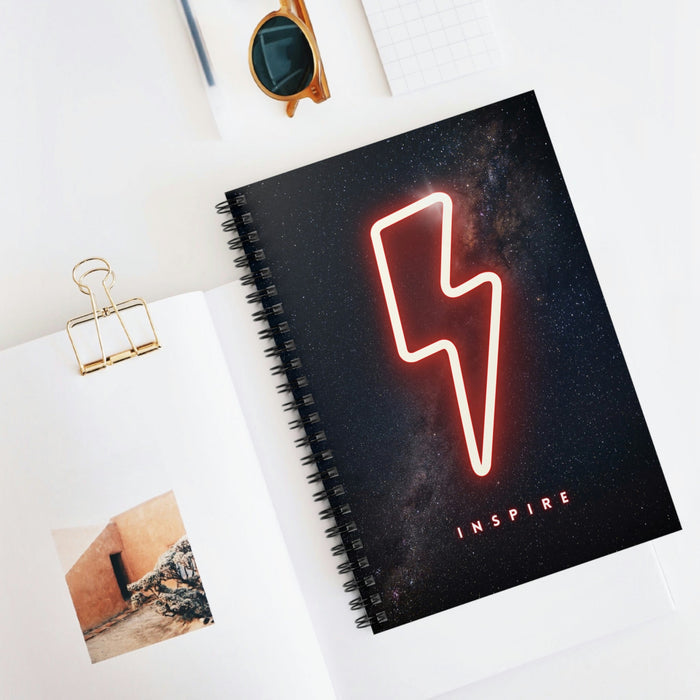 Flash Spiral Notebook, Ignite Creativity with the Spiraling Inspiration: black, dark blue lightning bolt, graphic, cosmic, mi