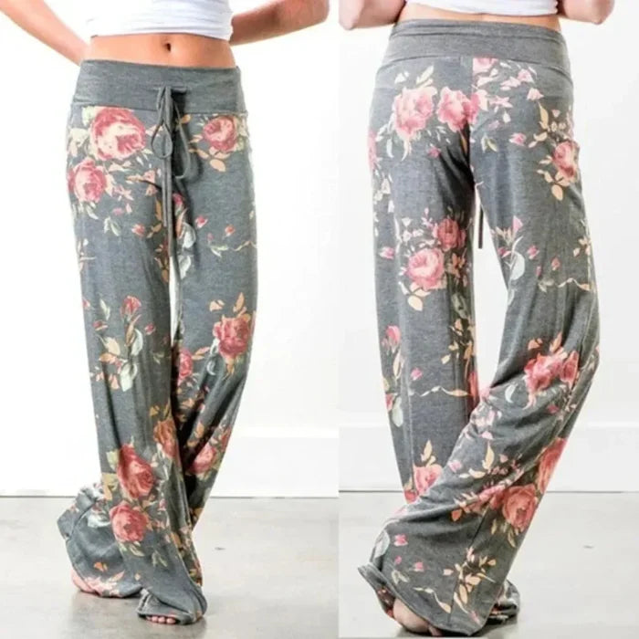 Flexible Women's Casual Trousers: charcoal gray, pink floral pattern, bohemian casual style
