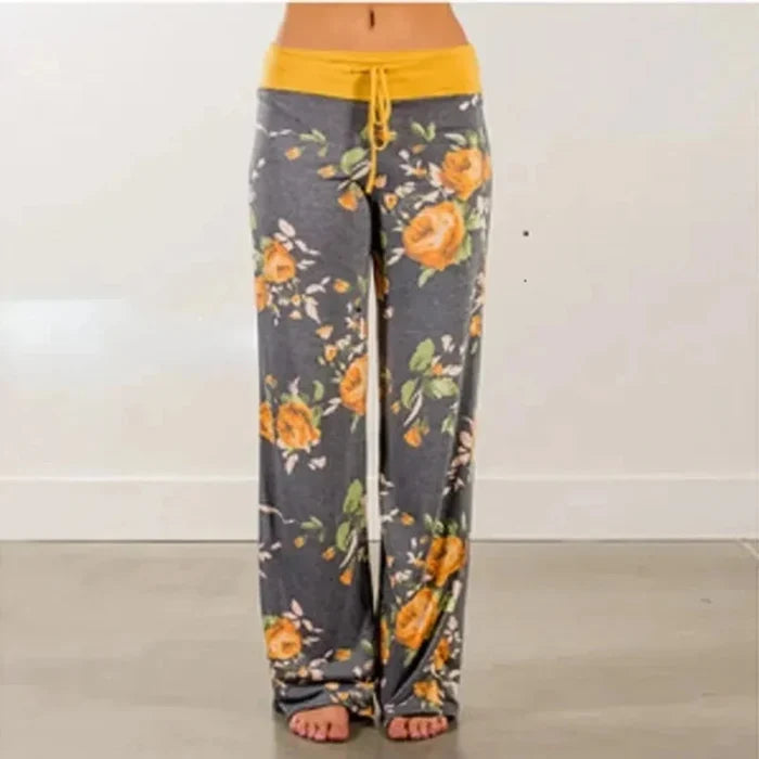 Flexible Women's Casual Trousers: charcoal gray, pink floral pattern, bohemian casual style