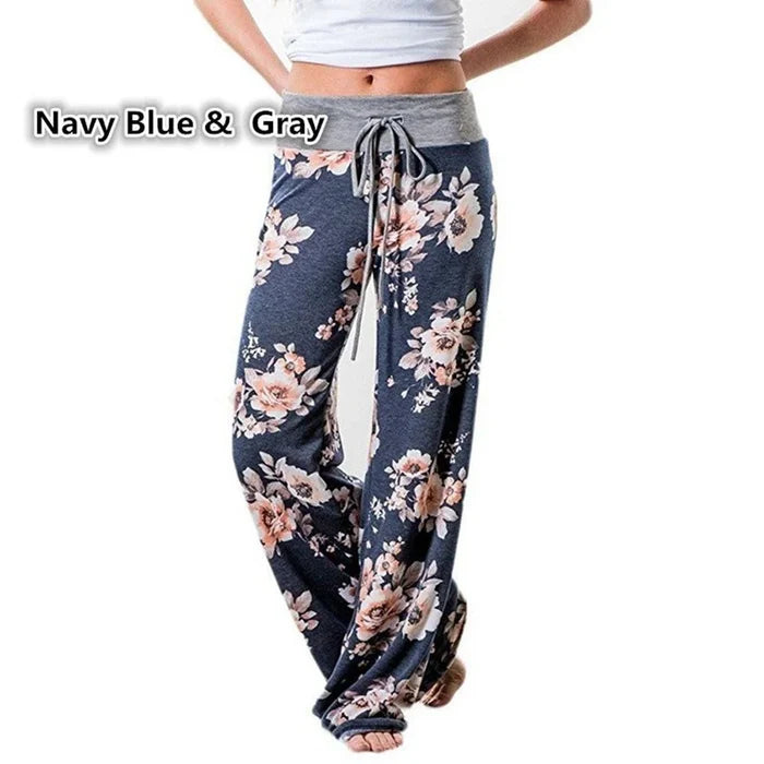 Flexible Women's Casual Trousers: charcoal gray, pink floral pattern, bohemian casual style