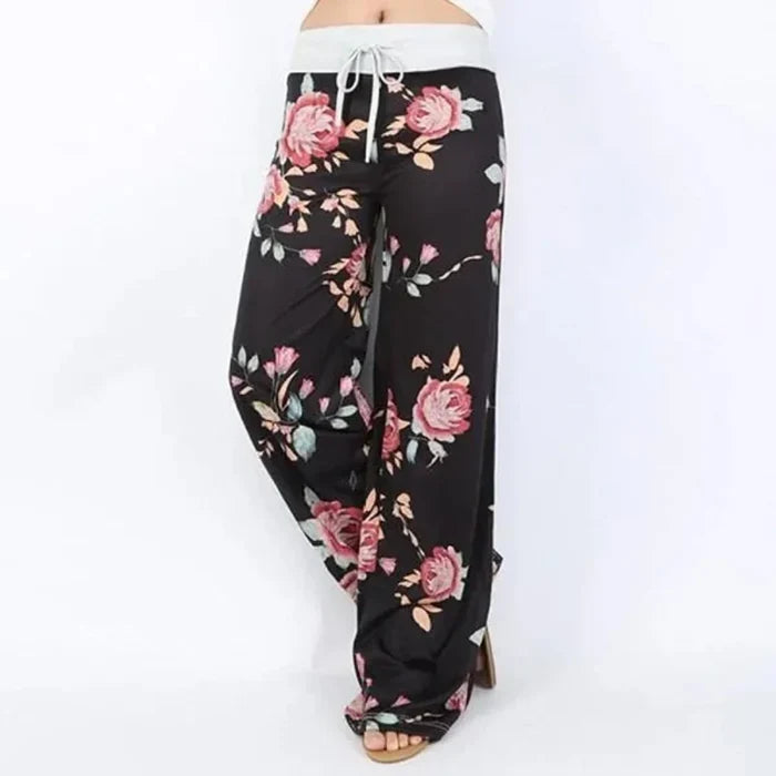 Flexible Women's Casual Trousers: charcoal gray, pink floral pattern, bohemian casual style