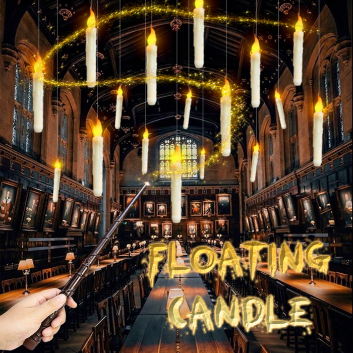 Floating Halloween Party Candles with a Whimsical Twist: black, dark brown floating candles in a grand hall, fantasy-themed d