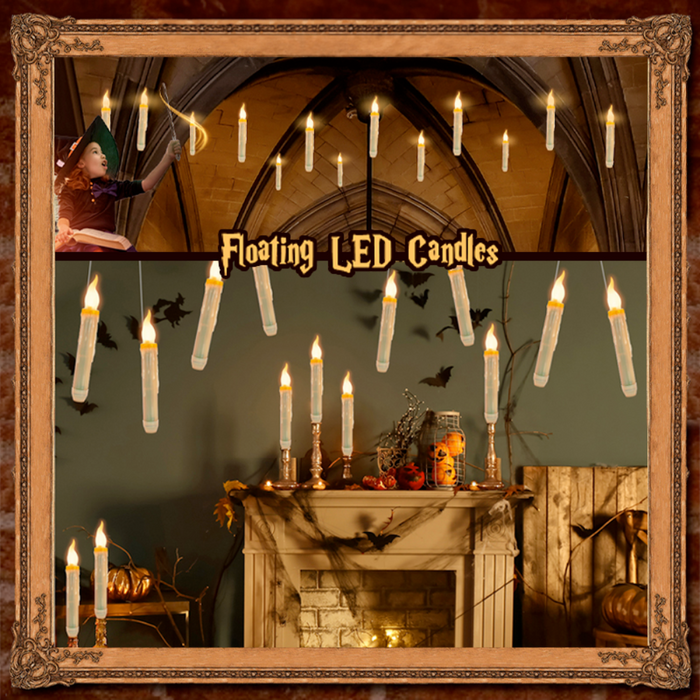 Floating Halloween Party Candles with a Whimsical Twist: black, dark brown floating candles in a grand hall, fantasy-themed d